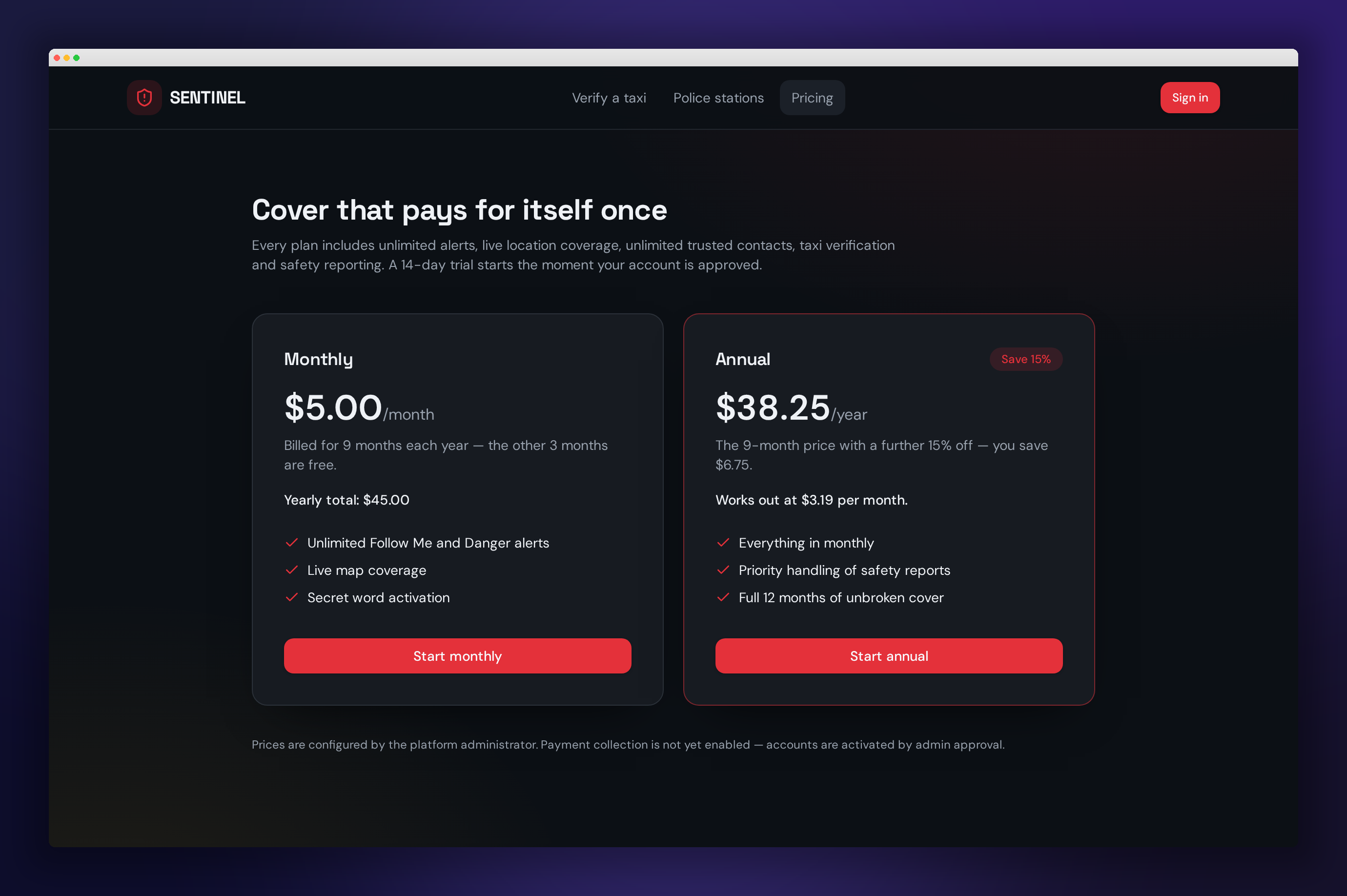 Sennalert pricing screen showing monthly and annual safety cover plans