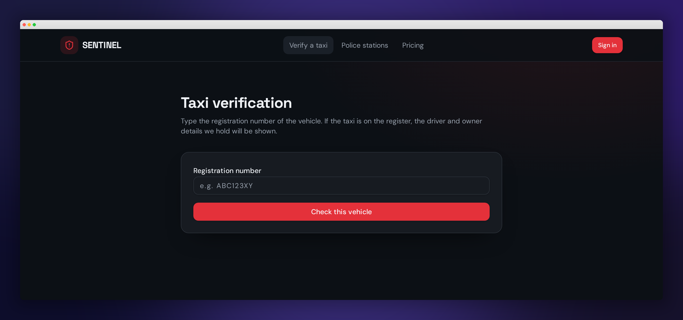 Sennalert taxi verification screen showing a registration number lookup