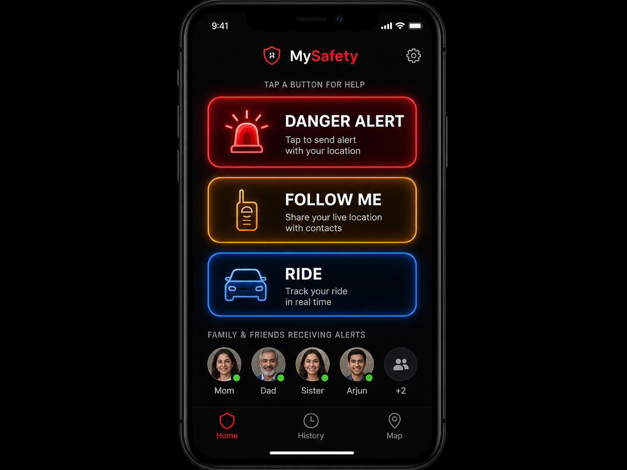 Sennalert alert screen with Danger, Follow Me and Ride buttons and the family contacts receiving them